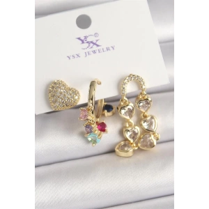 Pirinç Gold Renk Sallantı Zirkon Taşlı Kalp Model 3Lü Kadın Kombin Küpe