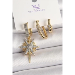 Pirinç Gold Renk Sallantı Zirkon Taşlı Kutup Yıldız Model 3Lü Kadın Kombin Küpe