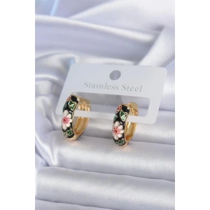 Pirinç Gold Renk Siyah Çiçek İşleme Kadın Küpe