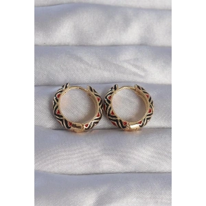 Pirinç Gold Renk Siyah Etnik Desenli Halka Küpe