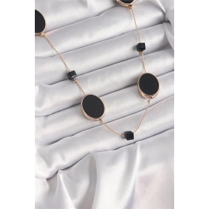 Pirinç Gold Renk Siyah Renk Oval Siyah Küp Detay Kadın Kolye