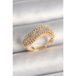 Pirinç Gold Renk Su Yolu Zirkon Taşlı Dalga Model Ayarlanabilir Kadın Yüzük