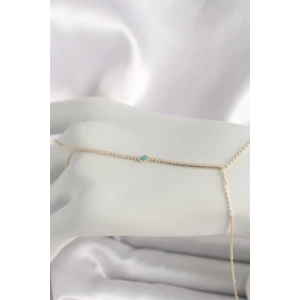 Pirinç Gold Renk Su Yolu Zirkon Taşlı Mavi Taş Detaylı Kadın Şahmeran