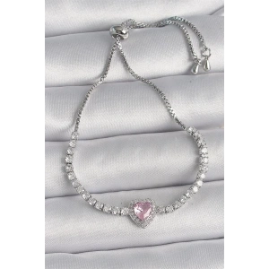 Pirinç Gold Renk Su Yolu Zirkon Taşlı Pembe Zirkon Taşlı Kalp Asansör Model Charm Kadın Bileklik