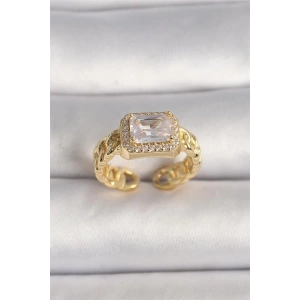 Pirinç Gold Renk Zincir Model Kare Zirkon Taşlı Kadın Yüzük