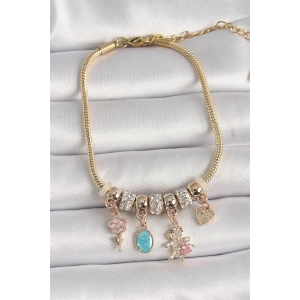 Pirinç Gold Renk Zincir Sallantı Zirkon Taşlı Ayıcık Figür Çiçek Detay Kadın Bileklik