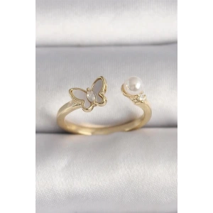 Pirinç Gold Renk Zirkon Taş Detaylı Beyaz Mineli Kelebek Model İnci Detay Ayarlanabilir Yüzük
