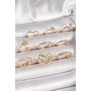 Pirinç Gold Renk Zirkon Taş Detaylı Kalp Yıldız Figür Kadın Yüzük Kombini