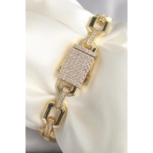 Pirinç Gold Renk Zirkon Taş Detaylı Kare Zincir Model Xuping VIP Exculusive Seri Kadın Bileklik