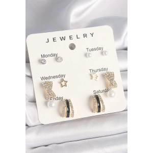 Pirinç Gold Renk Zirkon Taş Yıldız Detaylı İncili 7Li Set Kadın Küpe Seti