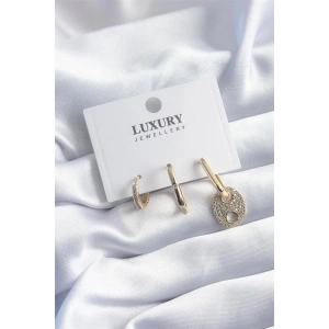 Pirinç Gold Renk Zirkon Taşlı 3lü Kadın Küpe Seti