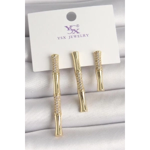 Pirinç Gold Renk Zirkon Taşlı Bambu Model 3Lü Kadın Kombin Küpe