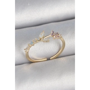 Pirinç Gold Renk Zirkon Taşlı Çiçek Model Ayarlanabilir Kadın Yüzük