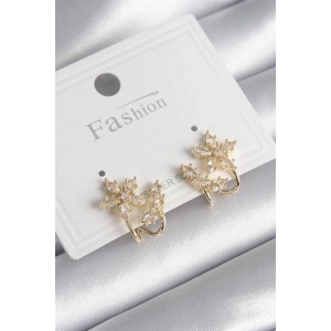 Pirinç Gold Renk Zirkon Taşlı Çiçek Model Kadın Küpe