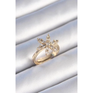 Pirinç Gold Renk Zirkon Taşlı Çiçek Model Kadın Yüzük