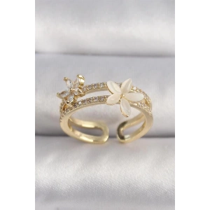 Pirinç Gold Renk Zirkon Taşlı Çiçek Model VIP Seri Kadın Yüzük