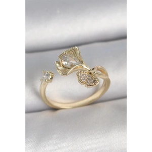 Pirinç Gold Renk Zirkon Taşlı Deniz Kabuğu Model Ayarlanabilir Kadın Yüzük