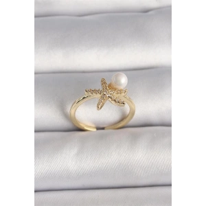 Pirinç Gold Renk Zirkon Taşlı Deniz Yıldızı Model İnci Detay Ayarlababilir Yüzük