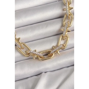 Pirinç Gold Renk Zirkon Taşlı Dikenli Halka Model VIP Exculusive Seri Kadın Kolye