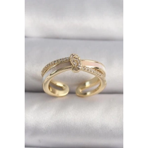 Pirinç Gold Renk Zirkon Taşlı Düğüm Model VIP Seri Kadın Yüzük