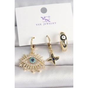 Pirinç Gold Renk Zirkon Taşlı Göz Figür Nazar Boncuk Detay 3Lü Kadın Kombin Küpe