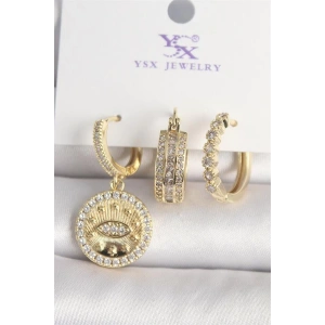 Pirinç Gold Renk Zirkon Taşlı Göz İşlemeli Model  3Lü Kadın Kombin Küpe