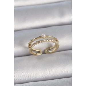 Pirinç Gold Renk Zirkon Taşlı İnci Detay Ayarlanabilir Model Kadın Yüzük