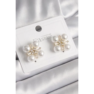 Pirinç Gold Renk Zirkon Taşlı İncili Kadın Küpe