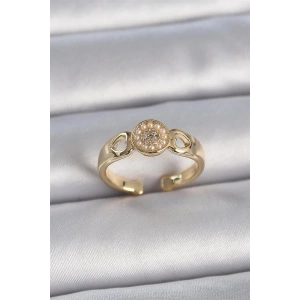 Pirinç Gold Renk Zirkon Taşlı İncili Kalp İşleme Detay Ayarlanabilir Kadın Yüzük