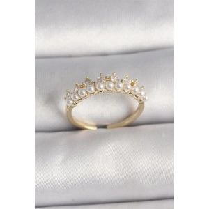 Pirinç Gold Renk Zirkon Taşlı İncili Taç Model Ayarlanabilir Kadın Yüzük