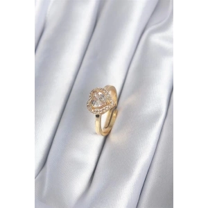 Pirinç Gold Renk Zirkon Taşlı Kalp Charm Model Kadın Yüzük