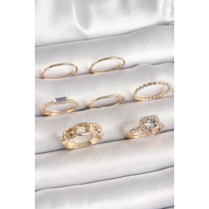 Pirinç Gold Renk Zirkon Taşlı Kalp Figür Düğüm Detay Kadın Yüzük Kombini