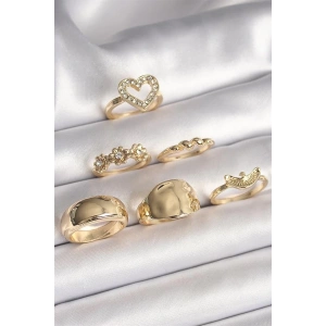 Pirinç Gold Renk Zirkon Taşlı Kalp Figür Kuş Detay 6Lı Kadın Yüzük Seti