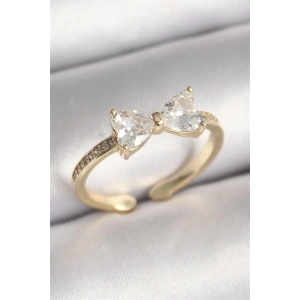 Pirinç Gold Renk Zirkon Taşlı Kalp Fiyonk Model Kadın Yüzük