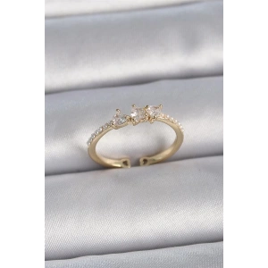 Pirinç Gold Renk Zirkon Taşlı Kalp İnci Detaylı Ayarlanabilir Model Kadın Yüzük