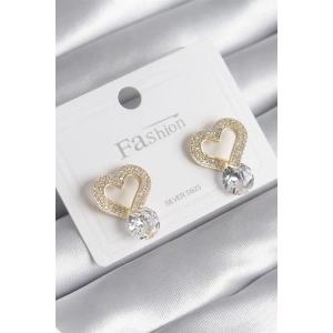 Pirinç Gold Renk Zirkon Taşlı Kalp Model Damla Zirkon Taş Detay Kadın Küpe