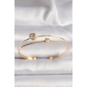 Pirinç Gold Renk Zirkon Taşlı Kalp Model Kadın Bileklik