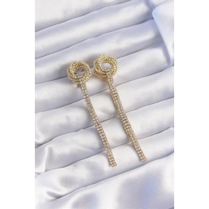 Pirinç Gold Renk Zirkon Taşlı Kıvrım Detay Sallantılı Küpe