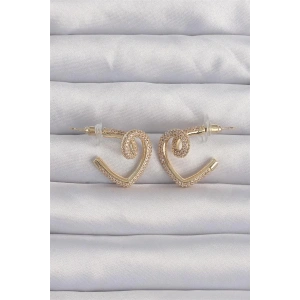 Pirinç Gold Renk Zirkon Taşlı Kıvrımlı Yarım Kalp Küpe