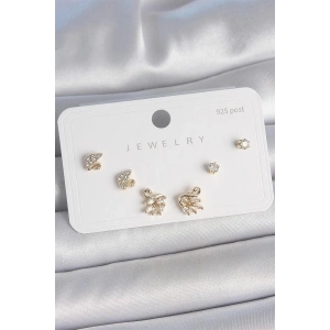 Pirinç Gold Renk Zirkon Taşlı Kuğu Model 925 Ayar Gümüş Çivi Kadın Küpe Seti