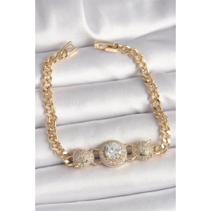 Pirinç Gold Renk Zirkon Taşlı Leopar Figür Zincir Model Kadın Bileklik