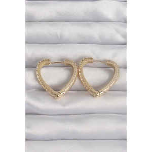 Pirinç Gold Renk Zirkon Taşlı Motifli Kalp Küpe