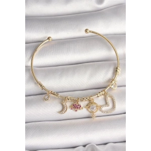 Pirinç Gold Renk Zirkon Taşlı Sallantı Gezegen Model Yıldız Detay Charm Kadın Bileklik