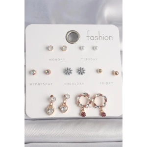 Pirinç Gold Renk Zirkon Taşlı Sallantı Kalp Çiçek Figür 7 Çift Kadın Küpe Seti