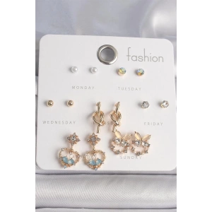 Pirinç Gold Renk Zirkon Taşlı SAllantı Kalp Düğüm Figür 7 Çift Kadın Küpe Seti