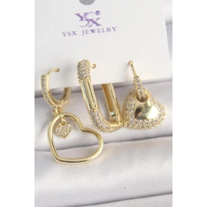 Pirinç Gold Renk Zirkon Taşlı Sallantı Kalp Model 3Lü Kadın Kombin Küpe