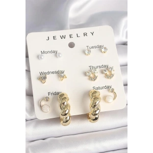 Pirinç Gold Renk Zirkon Taşlı Sarmal Halka Model 7Li Kadın Küpe Seti