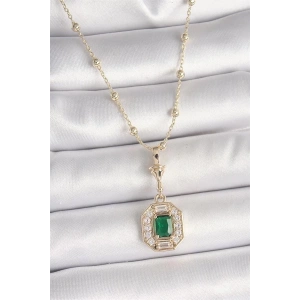 Pirinç Gold Renk Zirkon Taşlı Topçuk Zincir Serenay Model Kadın Kolye