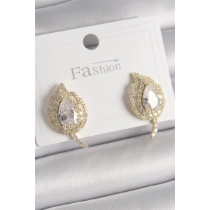 Pirinç Gold Renk Zirkon Taşlı Yaprak Model Kadın Küpe