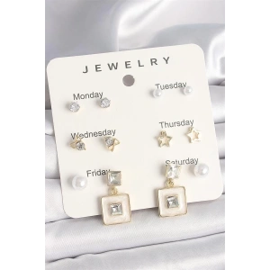 Pirinç Gold Renk Zirkon Taşlı Yıldız Figür Sallantı Beyaz Mineli Model 7Li Kadın Küpe Seti